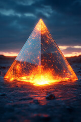 Poster - a close-up of a geometric gold pyramid with neon red accents, casting a warm glow on the surrounding