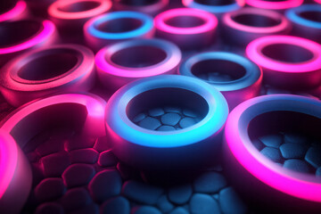 Leinwandbilder - A symmetrical arrangement of small and large neon rings in cyan and magenta, floating against a jet-black backdrop,