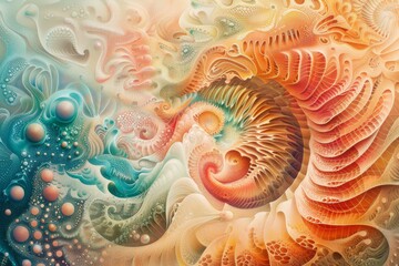 Poster - A vibrant painting featuring a spiral pattern adorned with colorful swirls, creating a dynamic visual experience, Delicate patterns that dance across the canvas, AI generated