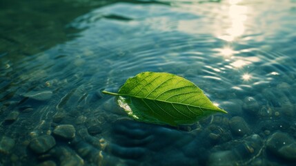 Poster - A single green leaf floating on the surface of clear water