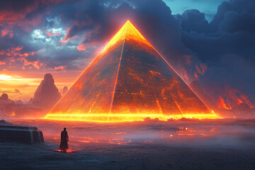 Poster - A geometric gold pyramid with neon accents hovering above a futuristic landscape, with light trails following its movement,