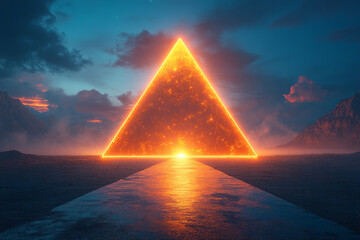 Poster - A geometric gold pyramid with neon accents hovering above a futuristic landscape, with light trails following its movement,