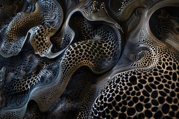Poster - A detailed close-up of an intricate black and gold pattern showcasing elegant design elements and textures, Delicate patterns that dance across the canvas, AI generated