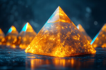 Poster - A gold pyramid with neon turquoise accents, standing out against a dark, gradient background with subtle reflections,