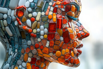 Poster - A digital 3D body in profile view, with pills arranged to create a mosaic-like effect, emphasizing the shape and form,