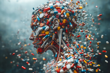 Poster - A profile of a human figure in 3D, where pills form the skeletal structure, creating a striking, abstract composition,