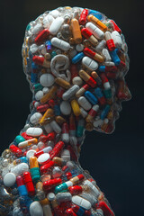 Poster - A digital 3D profile where the pills are arranged to form the musculature of the body, emphasizing the texture and flow of the human form,