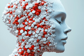 Poster - A minimalist 3D profile of a human body, made entirely of pills, with clean lines and a smooth surface,