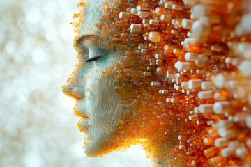 Poster - A digital 3D body in profile, with pills forming a dense, intricate pattern that highlights the contours and curves of the figure,