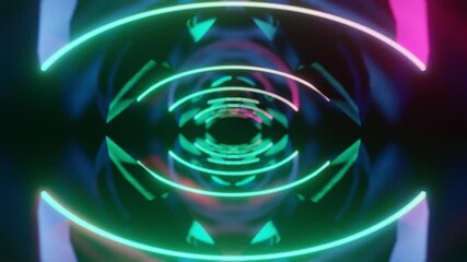 Wall Mural - Abstract background 3D animation moving through shiny glass metal and neon lights tunnel, loop