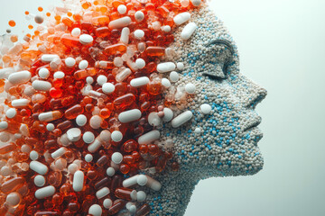 Poster - A surreal 3D profile of a body made from pills, where the pills seem to flow and shift, creating a dynamic sense of movement,