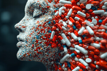 Fototapete - A surreal 3D profile of a body made from pills, where the pills seem to flow and shift, creating a dynamic sense of movement,