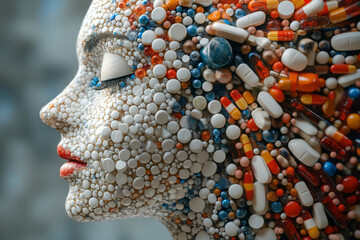 Fototapete - A digital 3D body in profile view, with pills arranged in concentric circles, creating a hypnotic, spiral effect,