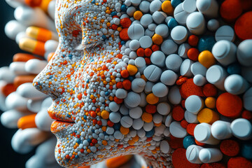 Poster - A digital 3D body in profile view, with pills arranged in concentric circles, creating a hypnotic, spiral effect,