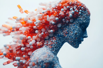 Poster - A digital 3D profile of a body, with pills arranged in a gradient pattern, transitioning from dense to sparse as they move across the figure,