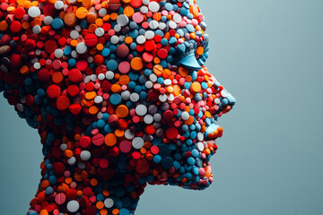 Poster - A digital 3D silhouette of a body in profile, made entirely of pills, with each pill casting a soft shadow to enhance the depth,