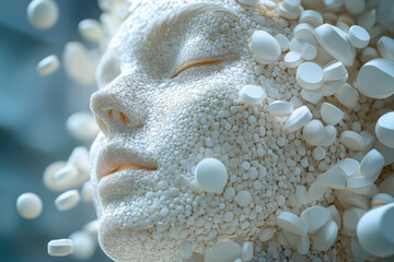 Poster - A side-view 3D image of a face, where pills form the outline and features, with the pills slightly varying in size to create a lifelike texture,