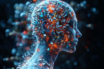 Poster - A digital 3D body in profile, with pills forming the structure of the bones and joints, creating an anatomical, almost x-ray-like effect,