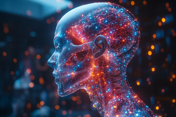 Poster - A digital 3D body in profile, with pills forming the structure of the bones and joints, creating an anatomical, almost x-ray-like effect,
