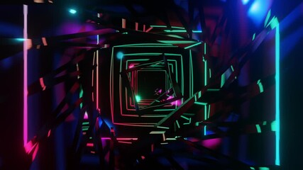 Wall Mural - Abstract background 3D animation moving through shiny glass metal and neon lights tunnel, loop