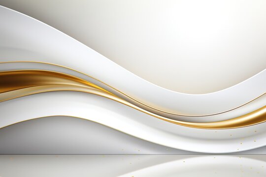 Abstract white and gold background with curved lines and sparkling elements.