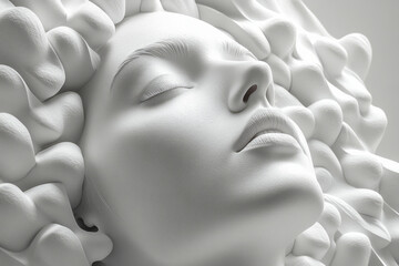 Poster - A minimalist 3D profile of a face, with pills placed precisely to define the eyes, nose, and mouth in a clean, abstract manner,