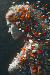 Poster - A digital 3D body in profile view, with pills arranged to create a sense of movement and flow, as if the figure is in motion,