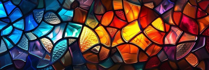 Wall Mural - An intricate and colorful stained glass mosaic, showcasing vibrant patterns of blue, orange, and red hues