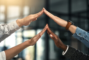 Poster - Roof, teamwork and hands of business people for support, help and collaboration in insurance company. Corporate, diversity and fingers of workers for security, cooperation and partnership in office