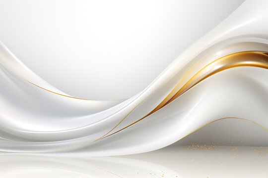 Abstract white and gold background with flowing curves.