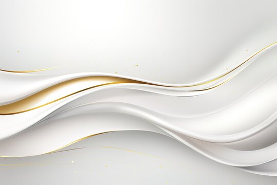 Abstract white and gold background with flowing curves.