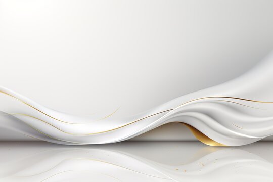 Abstract white and gold background with flowing curves and reflections.