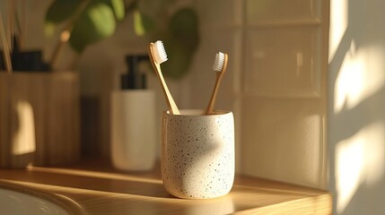 Bright and clean bathroom scene featuring two wooden toothbrushes in a stylish ceramic holder, surrounded by soft sunlight.