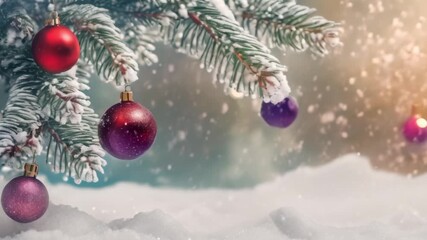 Wall Mural - Beautiful festive Christmas snowy background with a Christmas tree decorated with red balls and  toys in a forest with snowdrifts and snowfall outdoors. Banner format, copy space, professional