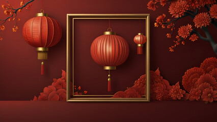Poster - Red Asian Design Template with Square Frame and Lanterns, Lunar New Year Background with 3D Pattern.