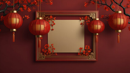 Poster - Red Asian Design Template with Square Frame and Lanterns, Lunar New Year Background with 3D Pattern.