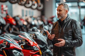 A man customers choosing new motorcycle to buy in motorbike salon. They are discussing new motorcycle model in modern motorcycle dealership center