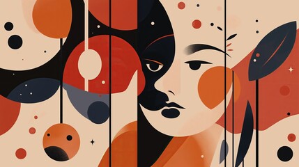 Wall Mural - Stylish abstract illustration featuring a face with geometric shapes and warm colors.