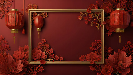 Poster - Red Asian Design Template with Square Frame and Lanterns, Lunar New Year Background with 3D Pattern.