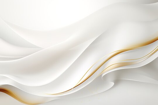 Abstract white and gold background with flowing lines and glitter.