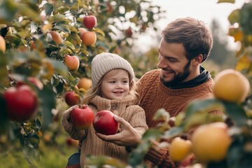 Father and daughter picking apples together in an orchard during autumn