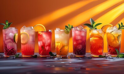 Wall Mural - a row of summer tropical holiday cocktails on a bright background with hard directional sun shadow.