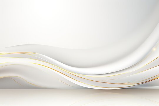 Abstract white and gold background with flowing lines and reflection.