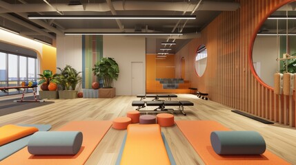 Canvas Print - A 3D model of a gym's recovery area, including foam rollers, massage tables, and stretching zones to support post-workout relaxation.