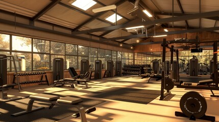 Poster - A 3D visualization of a gym with a dedicated area for HIIT (High-Intensity Interval Training), featuring a variety of equipment for explosive workouts.