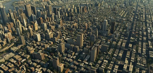 Poster - A bird's eye view of a sprawling metropolis, where buildings of varying heights and styles create a complex urban tapestry.