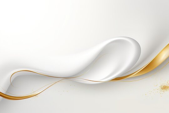 Abstract white and gold background with smooth curves and glitter.