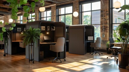 Sticker - A business office with a dedicated space for quiet work, furnished with soundproof booths.