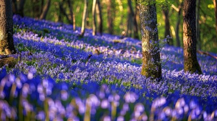 Wall Mural - A carpet of bluebells covers the forest floor in spring, transforming it into a sea of vibrant color.