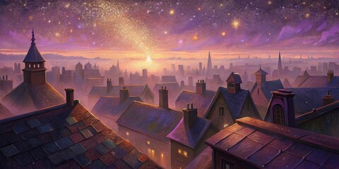 A starry sky above a quaint village at night.